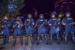Riot squad team assembles near the beginning of the protest. Captured just before the protest became violent following the death of protestor Justin Carr. Uptown Charlotte, NC 9/21/16