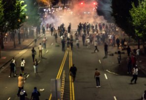 View from above the protest as tear gas is dispersed into the crowd. Uptown Charlotte, NC 9/21/16