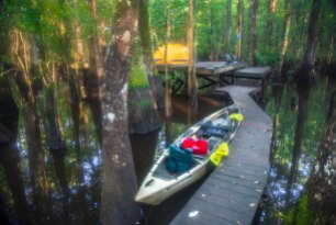 Camping at a river platform in eastern North Carolina, one of many camping platforms located along the Roanoke River near the coast. These platforms are secluded and many are only accessible by kayak.